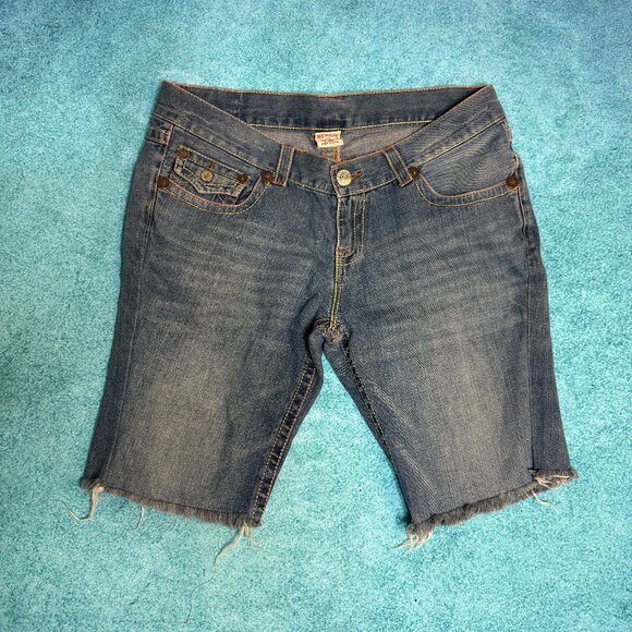 True Religion Men’s Denim Shorts Size 36 Blue Raw Hem USA Made Vintage Fit 38x11